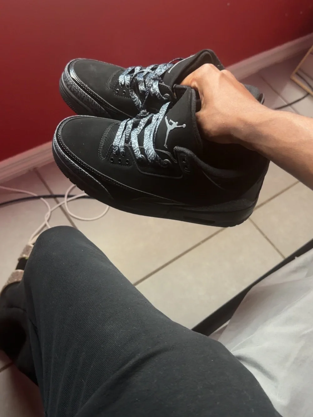 Jordan Men's Sneakers - Black with Grey Accent Laces jordan 3 black cats